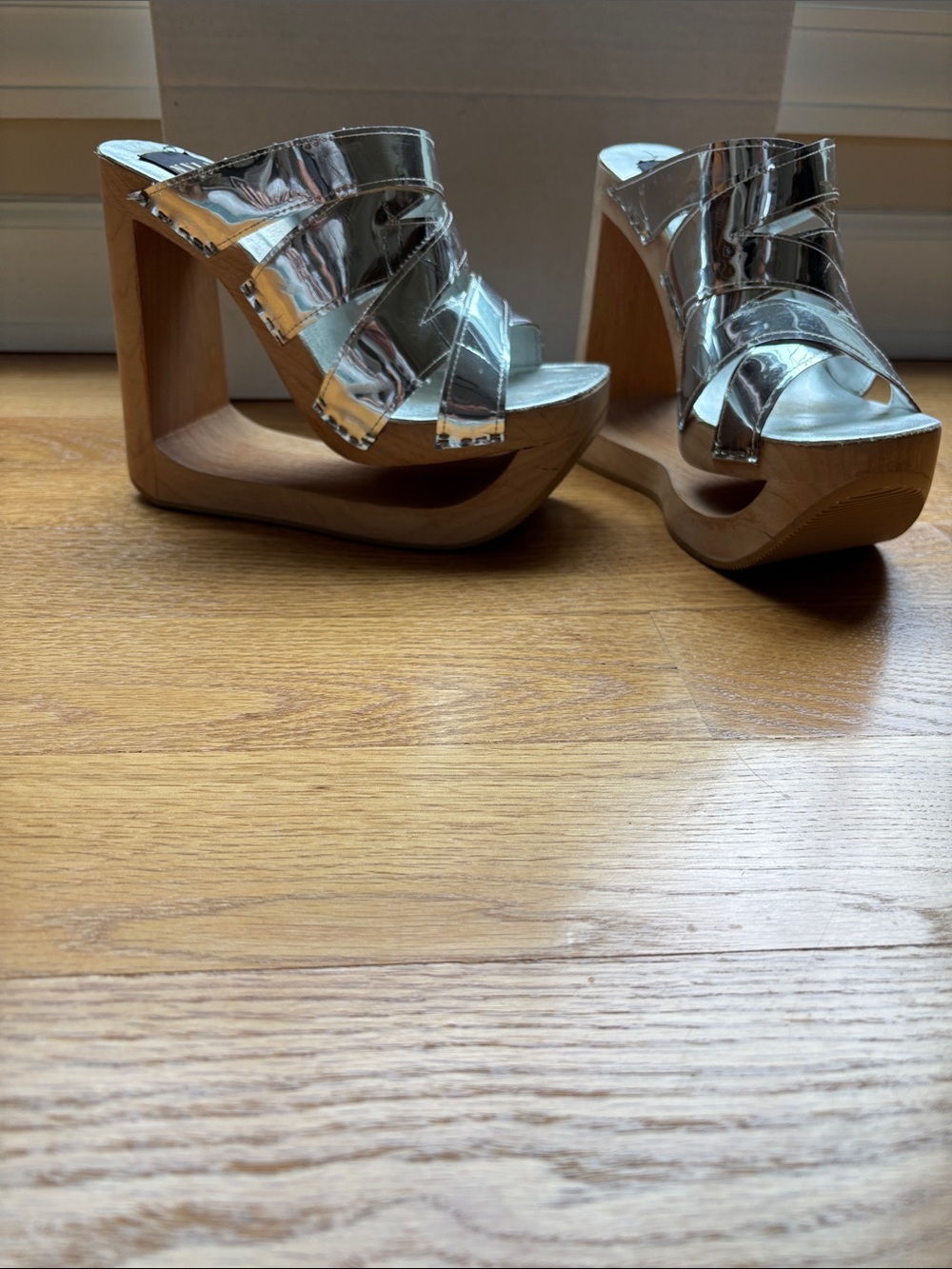N.Y.L.A. Silver Metallic Wooden Platform Mules